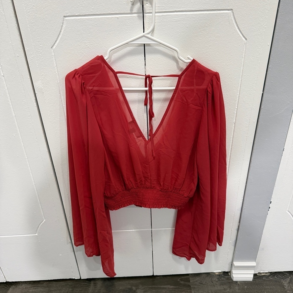 NWOT Lulus Loving Aura Coral Red Smocked Long Flutter Sleeve Top - Picture 4 of 8